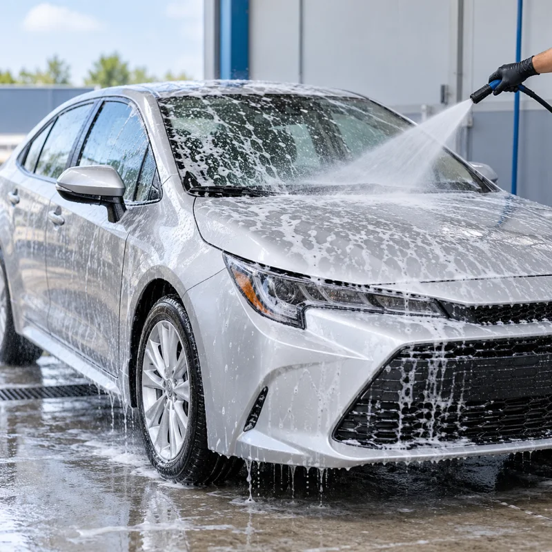 A vehicle receiving a professional exterior wash